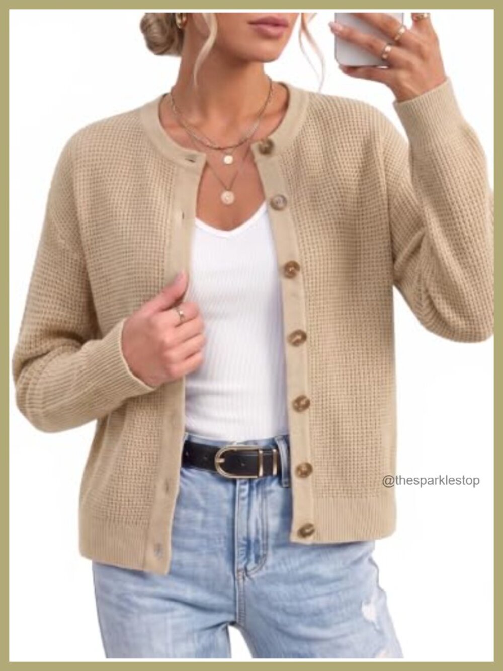 Chunky Knit Button Up Cardigan Cotton Crew Neck Long Sleeve Fall